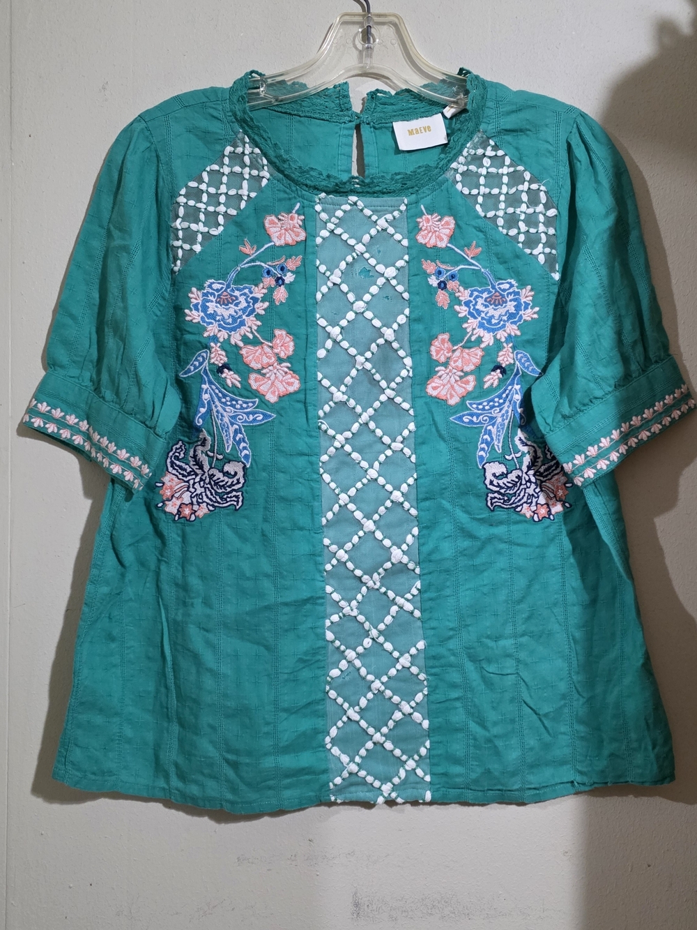 Maeve Teal Embroidered Floral Blouse Used Size 12